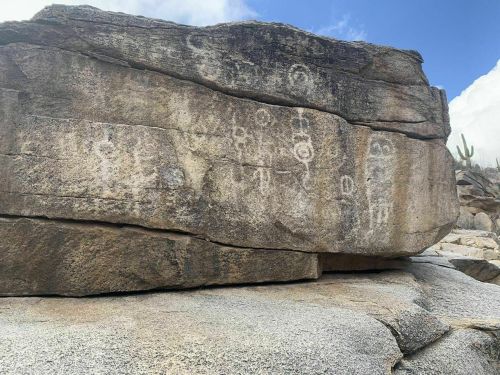 Petroglyphs etched into a large rock surface, showcasing ancient symbols against a blue sky and rocky landscape.