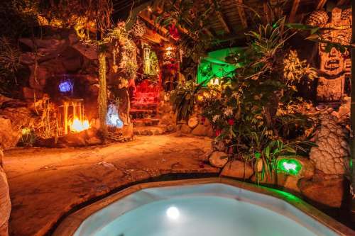 A tropical-themed indoor space with a hot tub, lush plants, and colorful lighting creating a vibrant atmosphere.