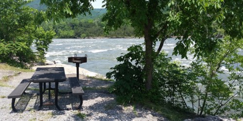 A picnic table and grill by a river, surrounded by greenery and mountains in the background on a sunny day.