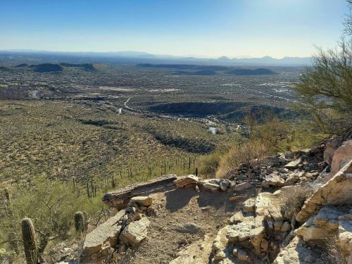A panoramic view of a desert landscape with mountains, cacti, and a winding river under a clear blue sky.