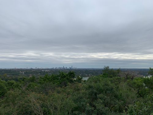 A panoramic view of a city skyline in the distance, surrounded by lush greenery and overcast skies.