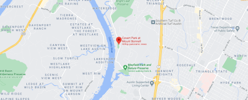 Map showing Covert Park at Mount Bonnell, highlighting its location and panoramic views near the Colorado River in Austin.