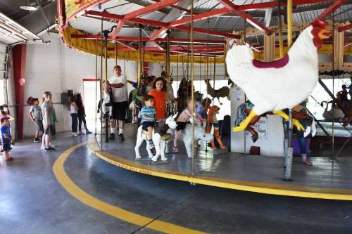 A colorful carousel with children riding animals, surrounded by families enjoying the amusement park.