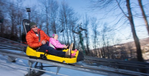A man and a girl joyfully ride a yellow alpine coaster through a snowy landscape, surrounded by trees.