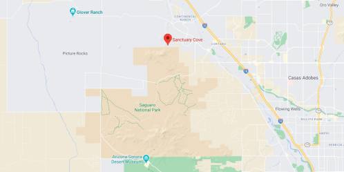 Map showing Sanctuary Cove location near Saguaro National Park and surrounding areas in Arizona.