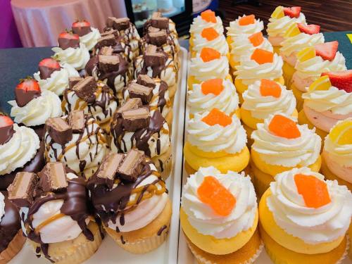 A display of colorful cupcakes: chocolate-topped with candy and caramel, and lemon-flavored with fruit garnishes.