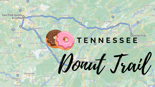 Map of Tennessee highlighting the Donut Trail, featuring donut icons and key locations along the route.