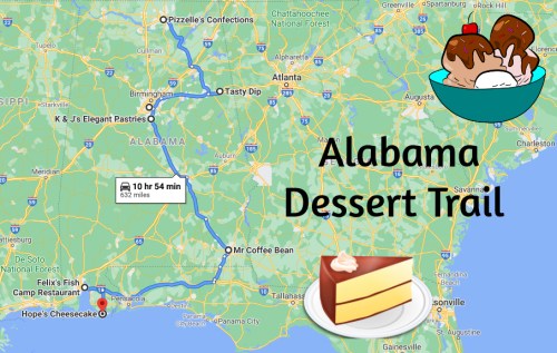 Map of the Alabama Dessert Trail, highlighting dessert stops and travel route with illustrations of desserts.