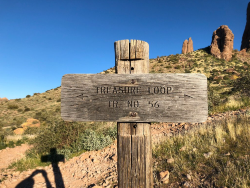 Wooden signpost indicating "Treasure Loop" trail number 56, set against a clear blue sky and rocky landscape.