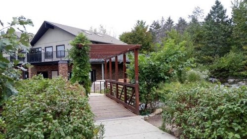 A wooden walkway leads to a modern building surrounded by greenery and trees.