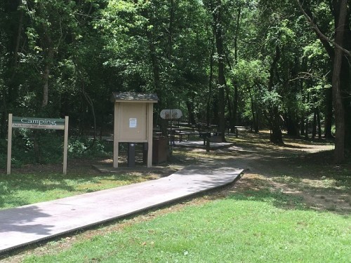 A wooded camping area with a sign, a path, and picnic tables in a serene, green setting.