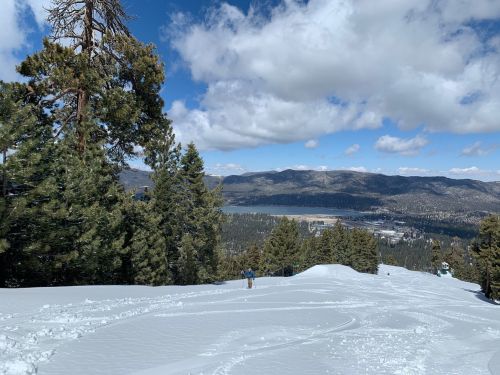 A snowy landscape with a skier in the foreground, surrounded by pine trees and mountains under a partly cloudy sky.