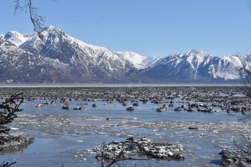 Snow-capped mountains rise above a frozen lake with scattered ice formations under a clear blue sky.