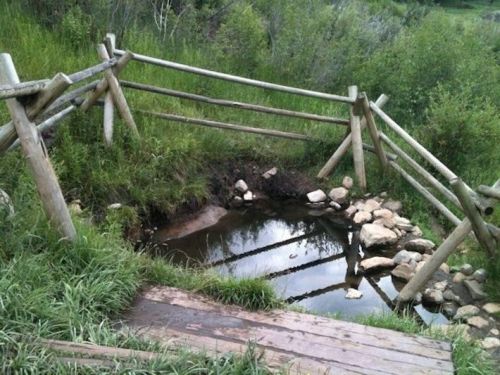 A small pond surrounded by grass and rocks, with a wooden fence and a path leading down to the water.