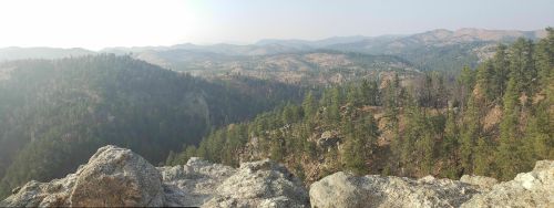 A panoramic view of rugged mountains and dense pine forests under a clear sky.