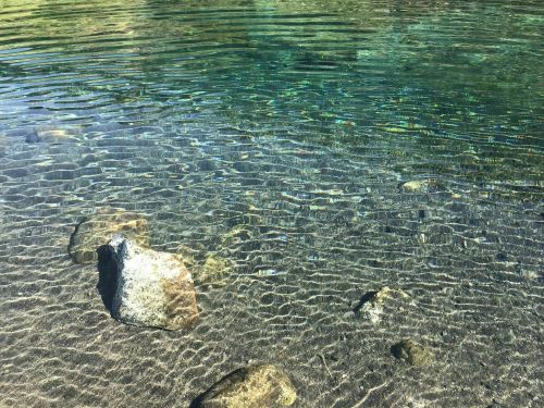 Clear water with ripples, revealing smooth stones at the bottom. Sunlight creates shimmering reflections on the surface.