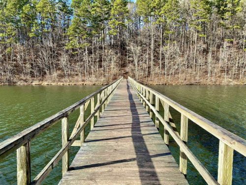 A wooden pier extends into a calm lake, surrounded by trees and a clear blue sky.