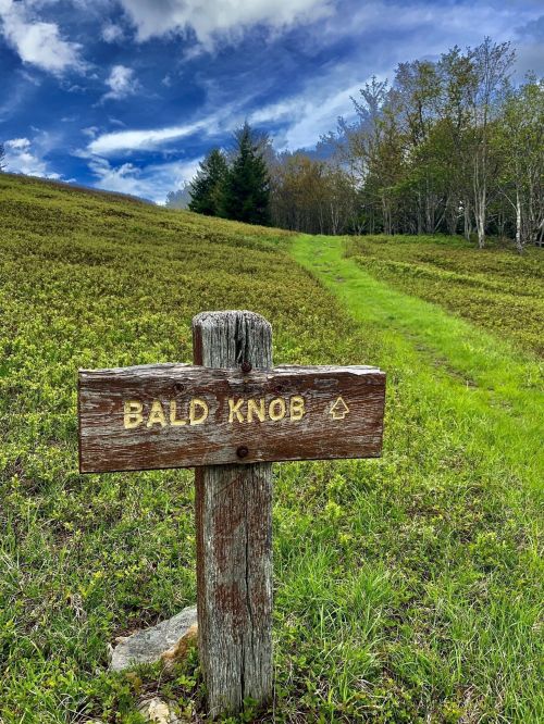 A wooden sign labeled "Bald Knob" stands at the edge of a grassy trail leading into a lush, green landscape.