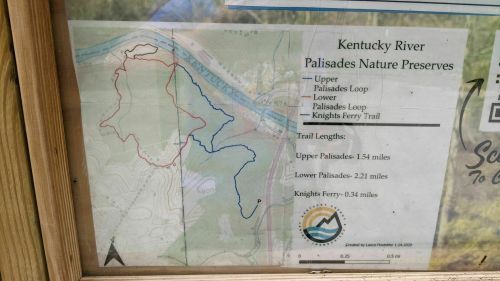 Map of Kentucky River Palisades Nature Preserves showing trail routes and lengths for Upper, Lower, and Knights Ferry trails.