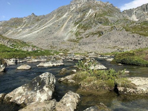 A serene river flows through rocky terrain, surrounded by mountains and greenery under a clear blue sky.