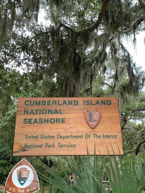 Sign for Cumberland Island National Seashore, featuring park service logo and surrounded by trees and Spanish moss.