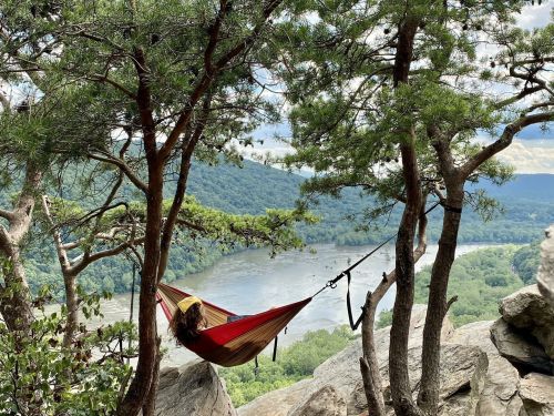 A person relaxes in a hammock between trees, overlooking a river and lush green hills in the background.