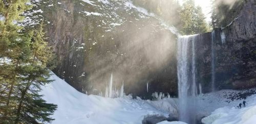 A stunning waterfall cascades down a rocky cliff, surrounded by snow and evergreen trees, with sunlight streaming through mist.