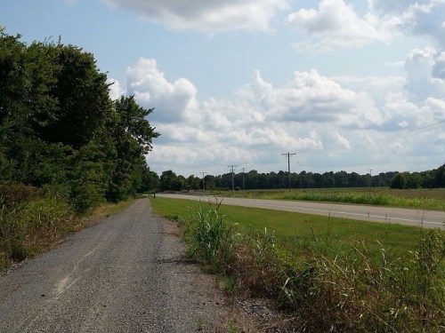 A gravel path alongside a grassy field and a road, with trees and clouds in the background.