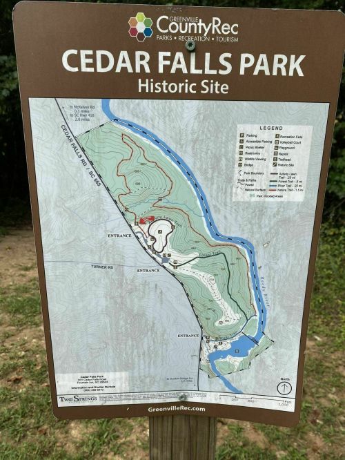 Map of Cedar Falls Park, highlighting trails, entrances, and features of the historic site in Greenville County.