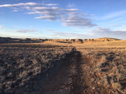 A dirt path winds through a grassy landscape, leading towards rolling hills under a blue sky with scattered clouds.