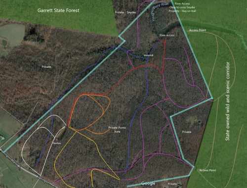 Map of Garrett State Forest showing trails, private areas, and access points, with colored lines indicating paths.