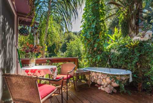 A cozy outdoor space with a table, chairs, and a vintage bathtub surrounded by lush greenery and tropical plants.