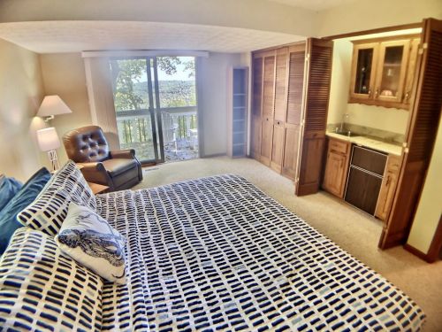 Cozy bedroom with a large bed, armchair, and a view of nature through sliding glass doors. Wood cabinetry in the background.
