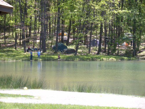 A serene lake surrounded by trees, with people fishing and camping in the background on a sunny day.