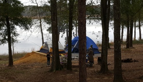 A campsite by a lake with two tents, a picnic table, and people enjoying the outdoors among trees.