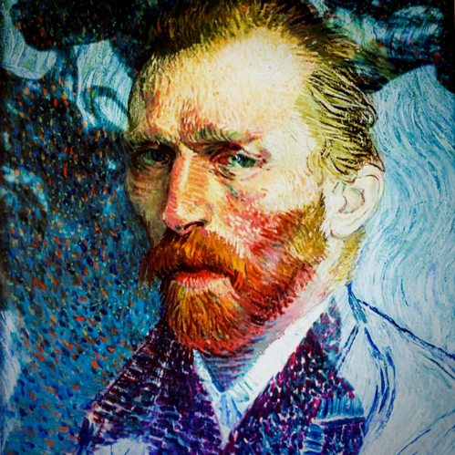 A colorful, textured self-portrait of a man with a red beard and mustache, featuring bold brush strokes and vibrant colors.