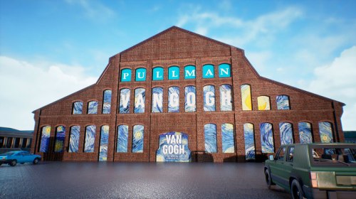 A brick building with large murals featuring "Van Gogh" and "Pullman," set against a blue sky.