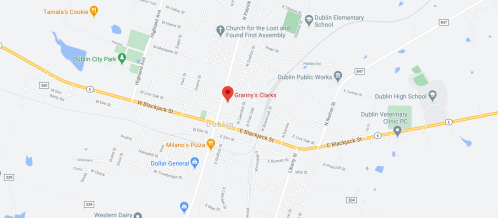 Map showing the location of Granny's Clarks in Dublin, with nearby landmarks and streets labeled.