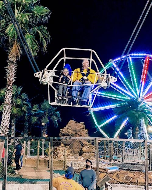 A child and an adult ride a chairlift at night, with a colorful ferris wheel and palm trees in the background.