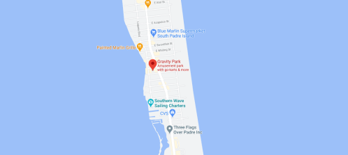 Map showing Gravity Park amusement park and nearby locations in South Padre Island, Texas.