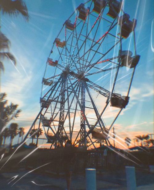 A colorful ferris wheel against a sunset sky, with palm trees in the background and a dreamy, blurred effect.