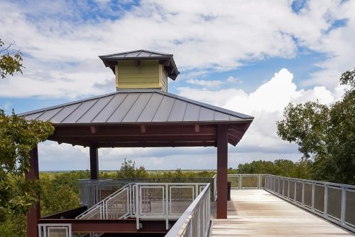 A wooden observation deck with a metal roof, surrounded by trees and a blue sky with clouds.