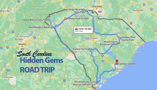 Map of a South Carolina road trip highlighting hidden gems, including Cypress Gardens and various attractions.
