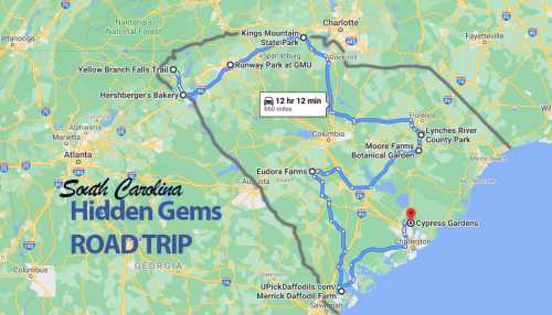 Map of a South Carolina road trip highlighting hidden gems, including Cypress Gardens and various attractions.