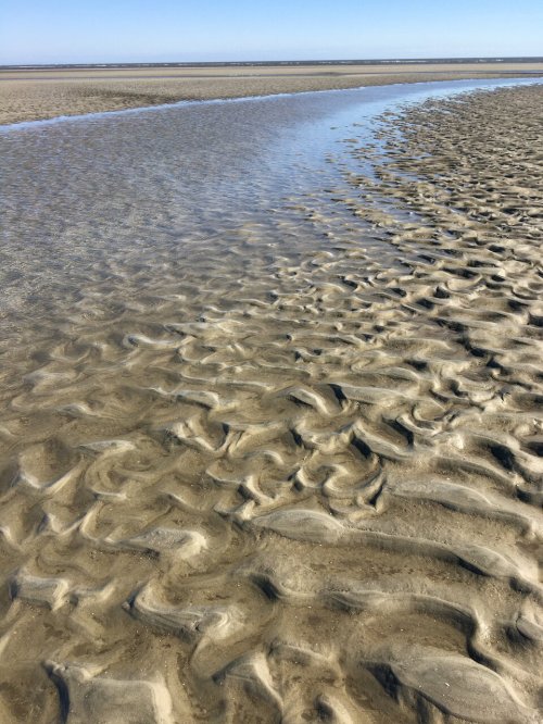 Rippling patterns in wet sand at low tide, with a calm waterway reflecting the clear blue sky.