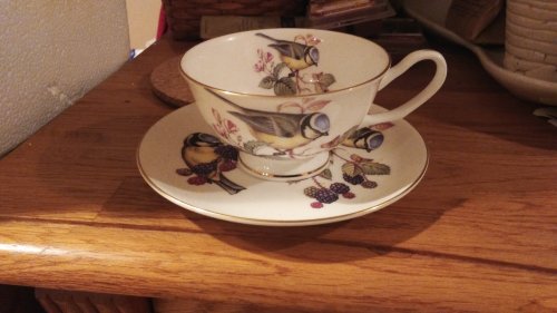 A decorative teacup and saucer featuring bird and berry illustrations, resting on a wooden surface.
