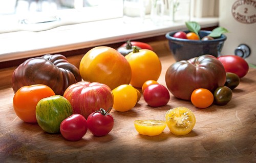A variety of colorful tomatoes arranged on a wooden surface, including red, yellow, and green varieties.
