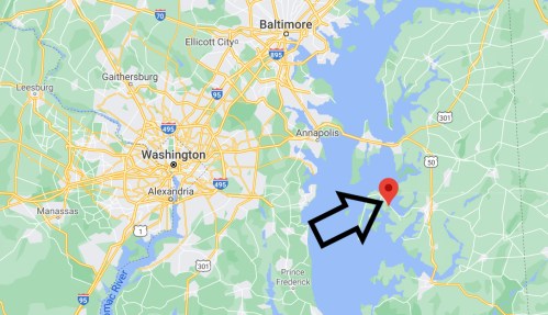Map showing the Washington, D.C. area with a highlighted location near Annapolis, Maryland.