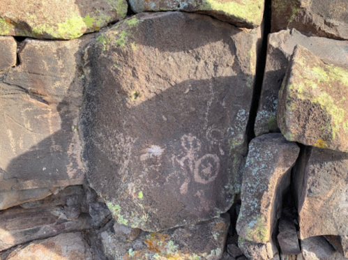 Petroglyphs etched into a rocky surface, featuring abstract designs and symbols, surrounded by textured stone.