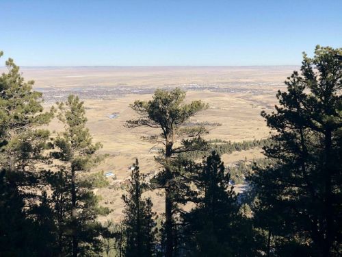 A panoramic view of a vast landscape with rolling hills and scattered trees under a clear blue sky.